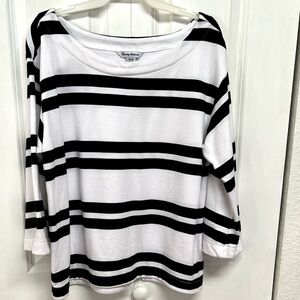 Tommy Bahama Black and White Striped Boat Neck Mid Sleeve Top Size M